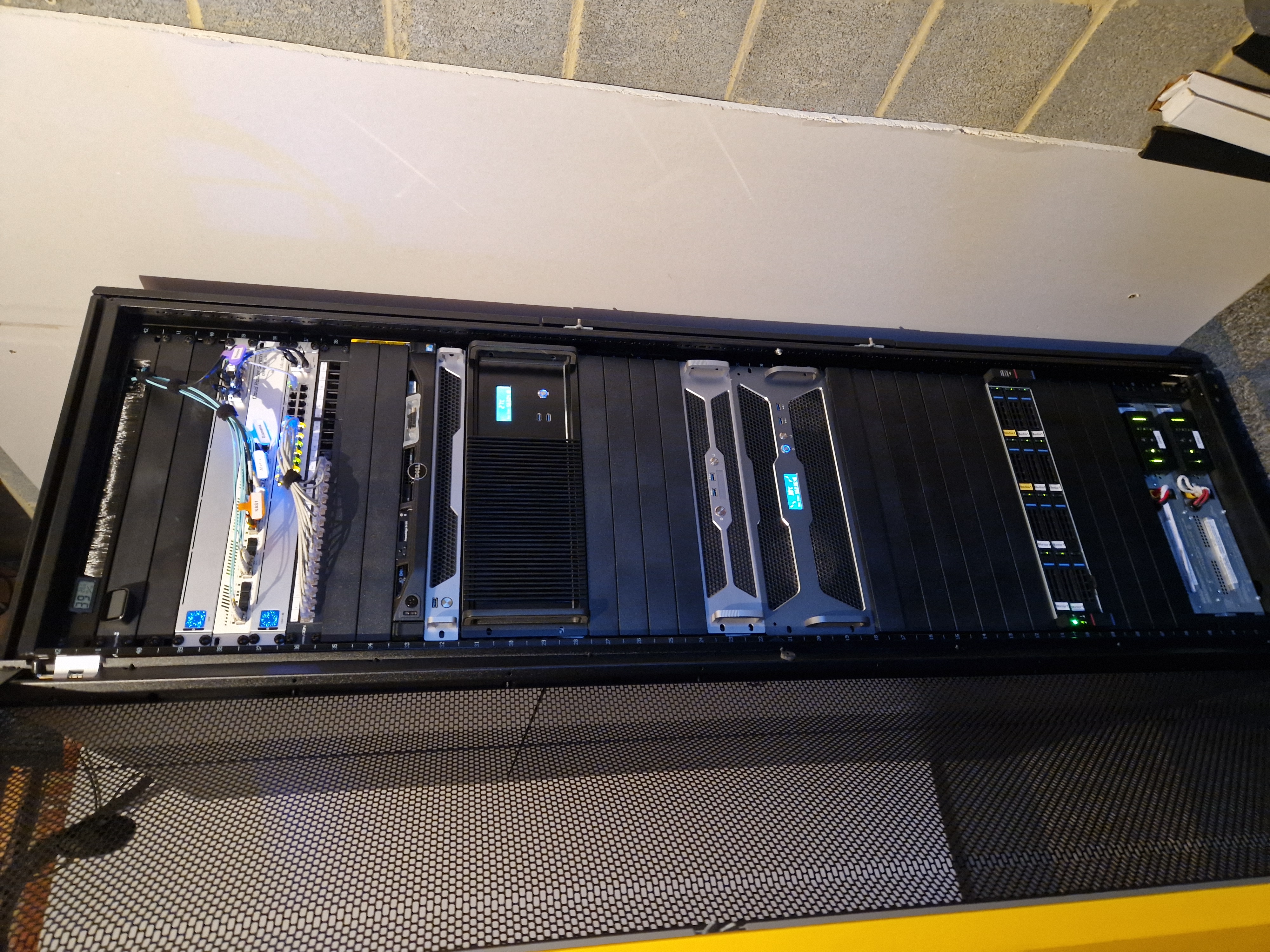 Open view into the garage rack showing switching, compute and storage